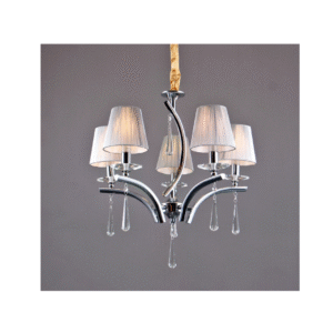 Đèn chùm trang trí DC308T5 hiện đại với thân kim loại mạ chrome và chao đèn vải cao cấp, điểm pha lê sang trọng.