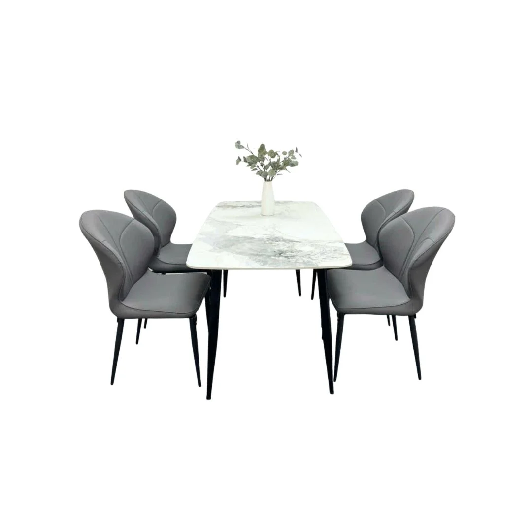 Bộ Bàn Ăn 4 Ghế Gemma ghi Mặt Ceramic Bóng Loang Chân CT001