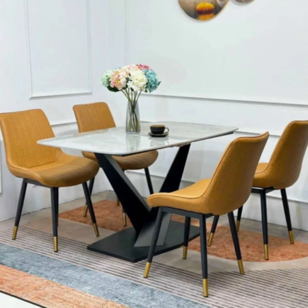 bo-ban-an-4-ghe-loft-soc-cam-mat-ceramic-trang-bong-chan-ct006-1 Bộ bàn ăn 4 ghế Loft sọc cam mặt ceramic trắng bóng chân CT006 1