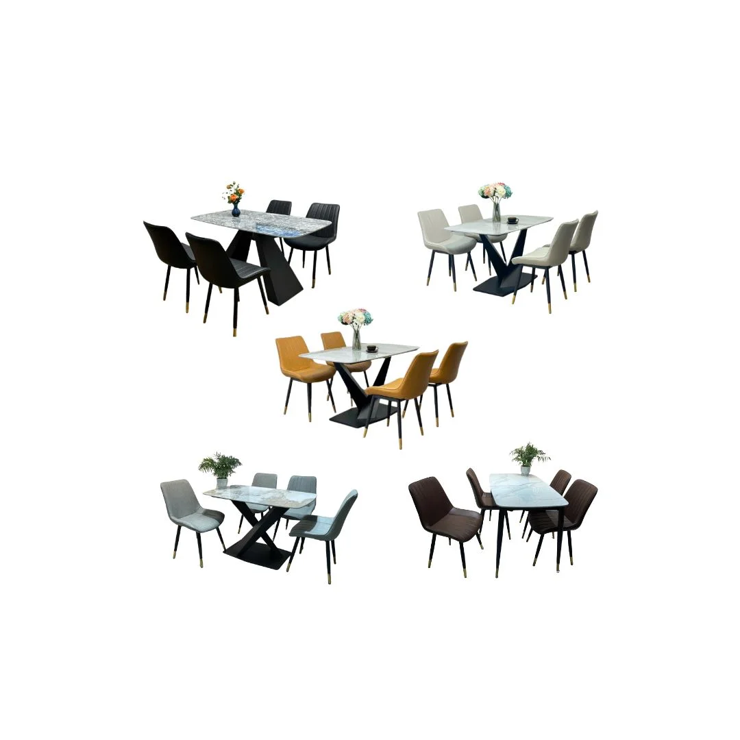 Bộ bàn ăn 4 ghế Loft sọc mặt ceramic trắng bóng chân CT006