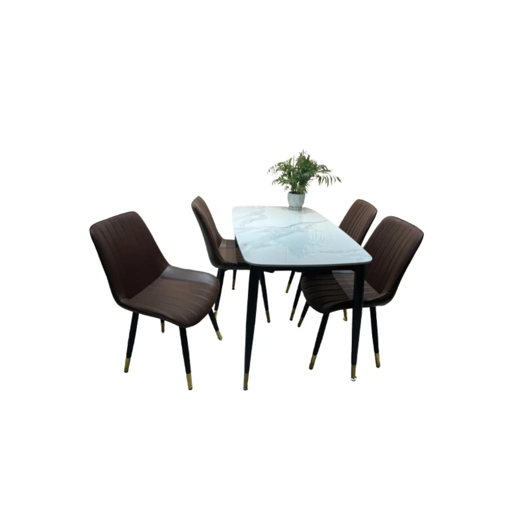 bo-ban-an-4-ghe-loft-soc-nau-mat-ceramic-trang-bong-chan-ct006 Bộ bàn ăn 4 ghế Loft sọc nâu mặt ceramic trắng bóng chân CT006