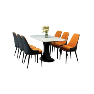 Bộ bàn ăn 6 ghế cam Spine ceramic trắng chân CT011