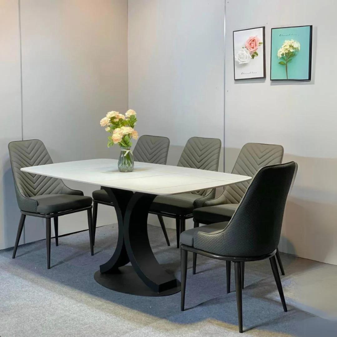 bo-ban-an-6-ghe-spine-ghi-mat-ceramic-trang-chan-ct011-1 Bộ bàn ăn 6 ghế Spine ghi mặt ceramic trắng chân CT011 1