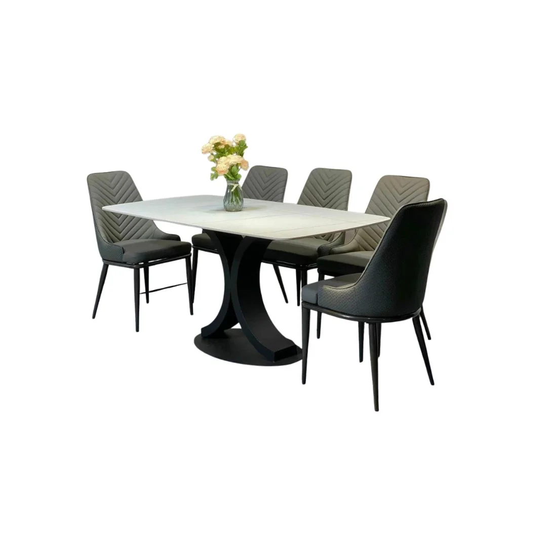 bo-ban-an-6-ghe-spine-ghi-mat-ceramic-trang-chan-ct011 Bộ bàn ăn 6 ghế Spine ghi mặt ceramic trắng chân CT011