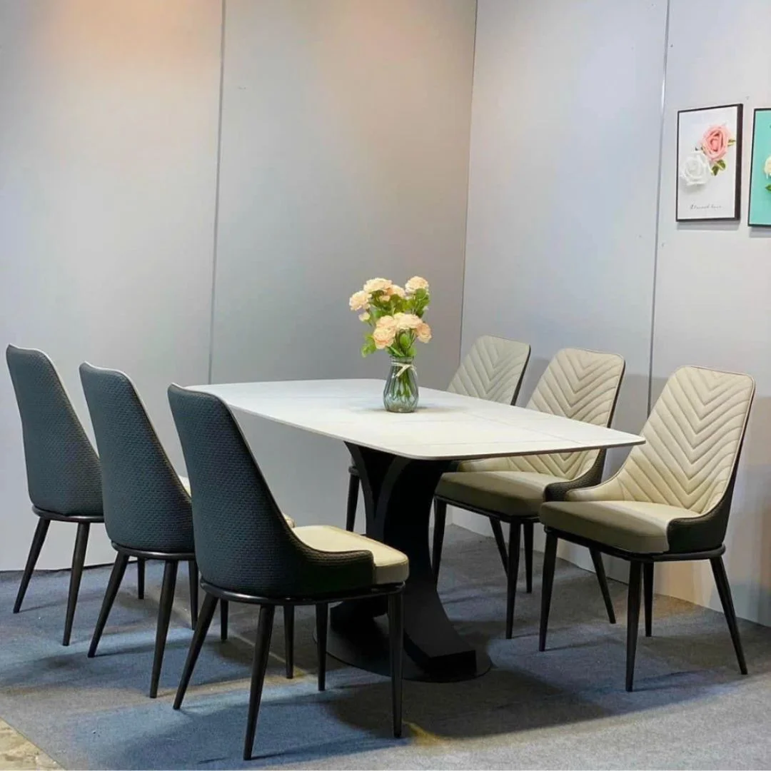 bo-ban-an-6-ghe-spine-kem-mat-ceramic-trang-chan-ct011-1 Bộ bàn ăn 6 ghế Spine kem mặt ceramic trắng chân CT011 1